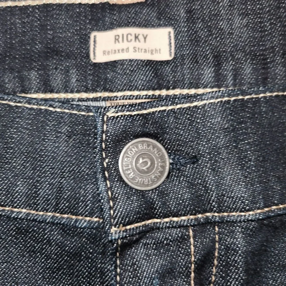 Vtg True Religion Ricky Super T Jeans 40 Made in USA Dark Wash Y2K Thick Stitch